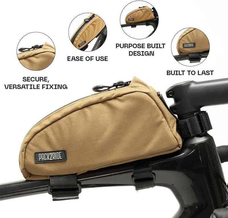 PACK2RIDE Toprock Frame Bag - Water Resistant, Durable Cordura Fabric & Bicycle Daily Essentials Holder - Top Tube, Frame Storage, Bikepacking for Road, Gravel Cycling - Coyote (1 L) - Image 4